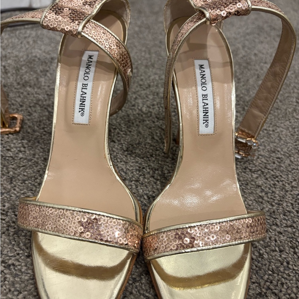 Manolo Blahnik Gold Heels with Crystal Embellishments